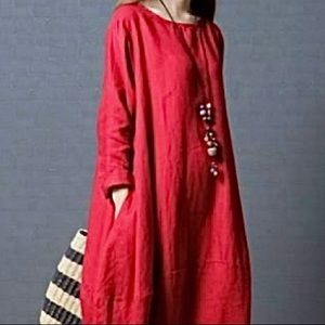 exc FLAX linen red dress Pockets 3/4 long sleeve casual comfy A line lagenhook